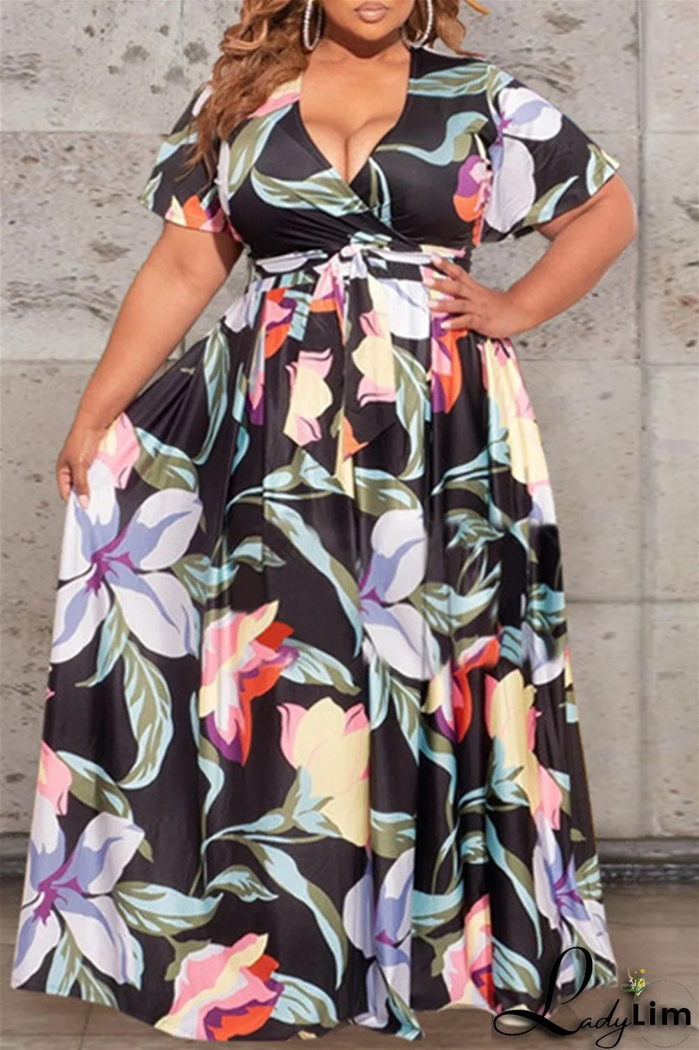 Earth Yellow Fashion Casual Print Bandage V Neck Plus Size Two Pieces