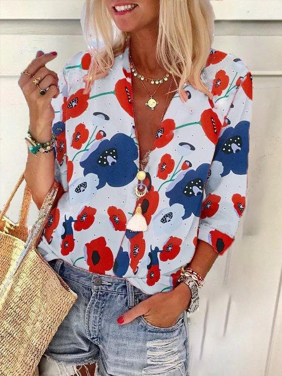 Cotton Casual Flowers Plants Shirts & Tops