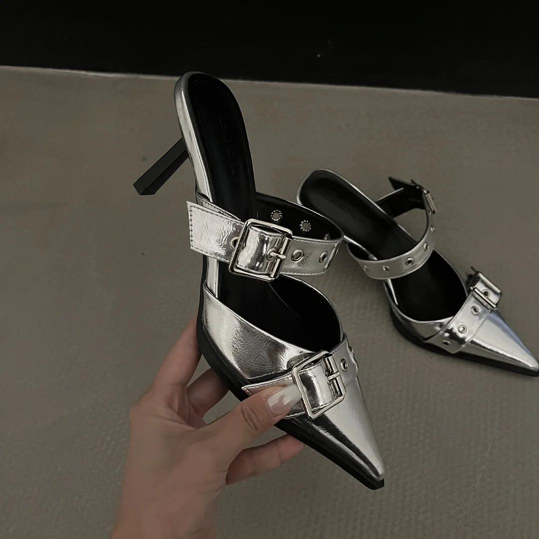 Breakj Breakj Summer ~ Pointed Belt Buckle Thin Belt Buckle Single Shoes Silver Back High Heel Sandals