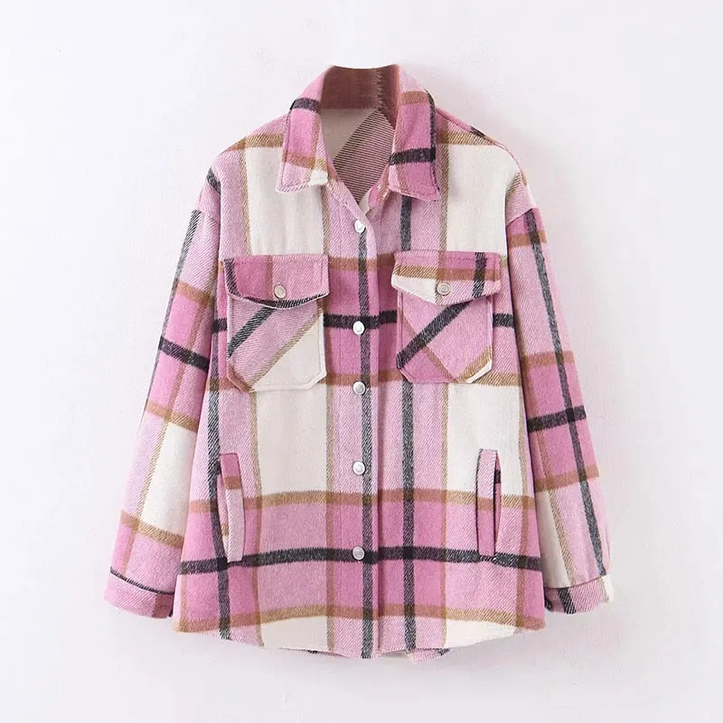 Aachoae Loose Casual Wool Plaid Jacket Women Turn Down Collar Fashion Coat With Pockets Autumn Long Sleeve Ladies Jackets Coats