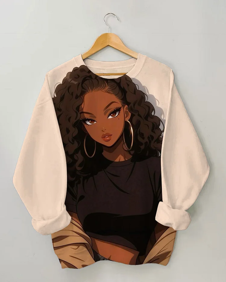 Women's Pretty Afro girl with Earrings Print Long-sleeve Sweatshirt