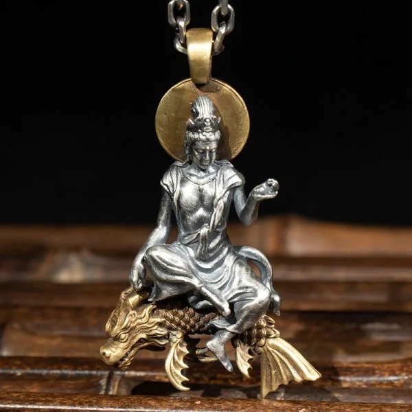Sterling Silver Dragon Fish Guan Yin Buddha Pendant Necklace