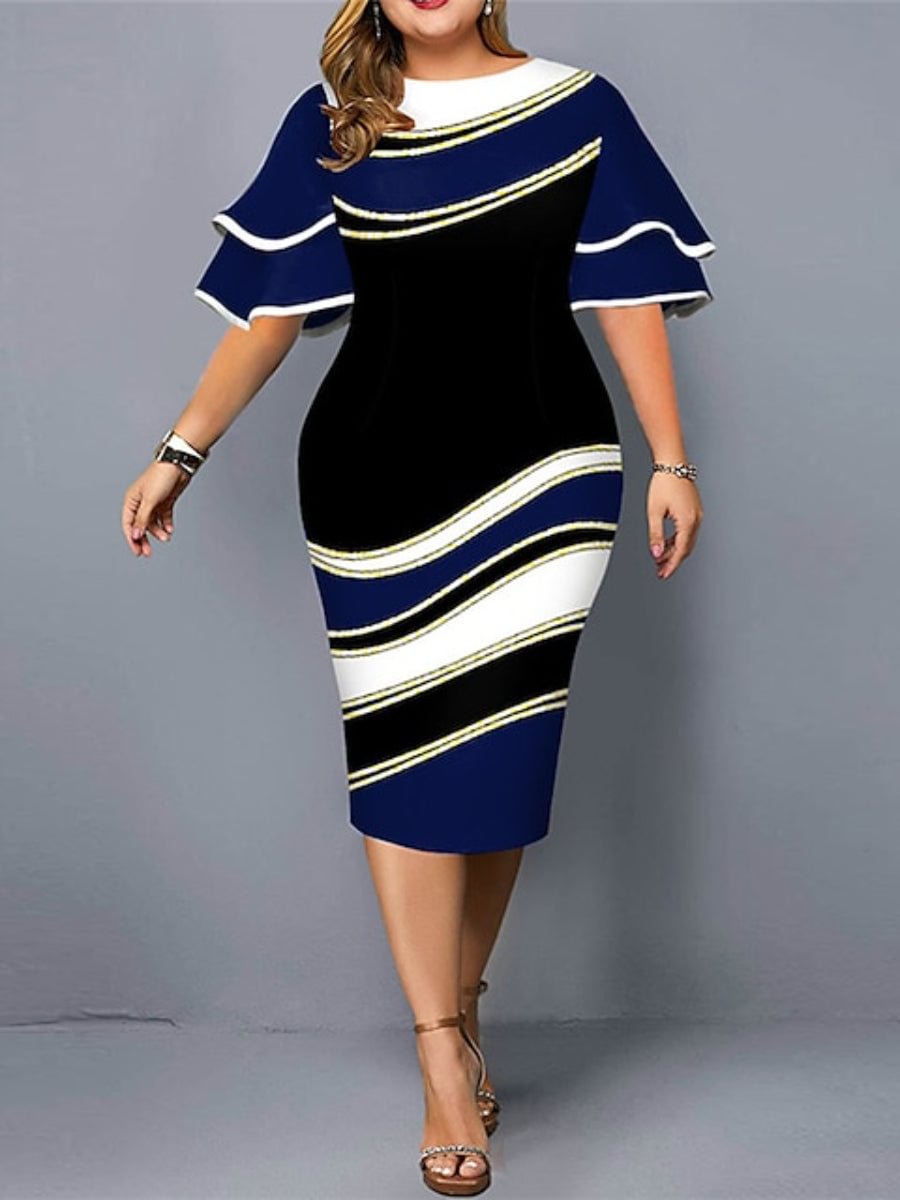Women's Pencil Dress Color Block Round Neck Ruffle Short Sleeve Plus Size Sheath Dress