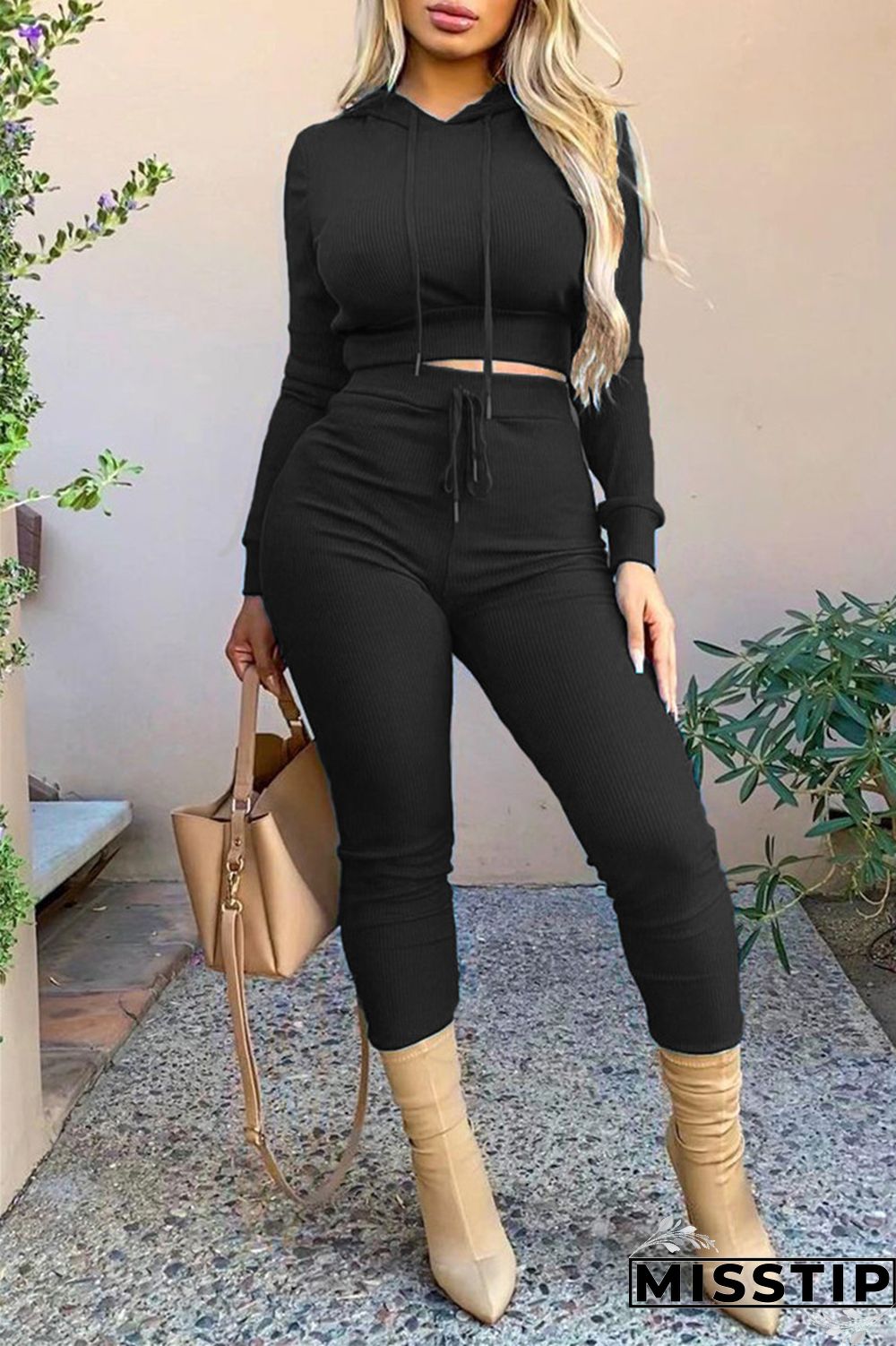 Black Casual Solid Basic Hooded Collar Long Sleeve Two Pieces