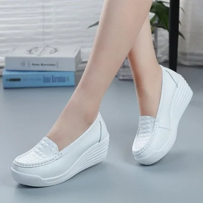 GKTINOO New Women's Genuine Leather Sneakers Platform Shoes Wedges White Lady Casual Shoes Swing mother Shoes Size 34-40