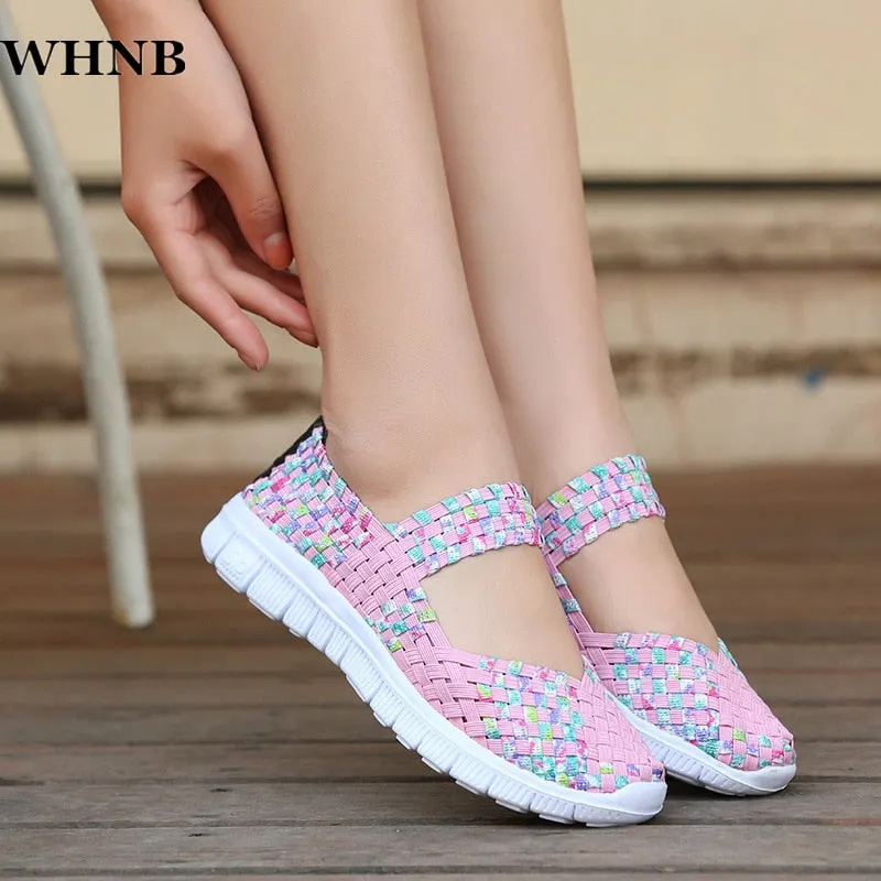 WHNB Women's Loafers Casual Shoes 2021 Spring Comfortable Sneakers Woven Breathable Flat Shoes Outdoor Hook&Loop Slip
