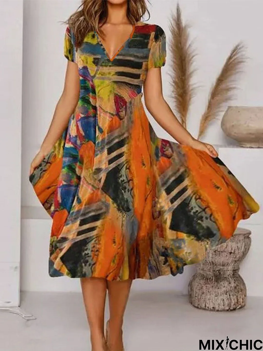 Boho Printed V Neck Floral Weaving Dress