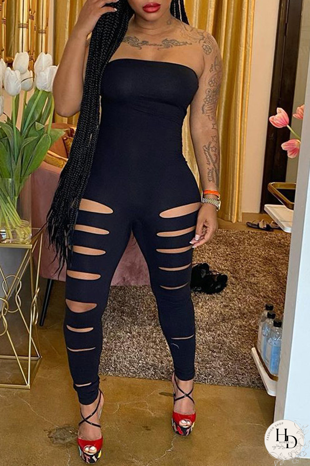 Red Sexy Solid Hollowed Out Strapless Skinny Jumpsuits