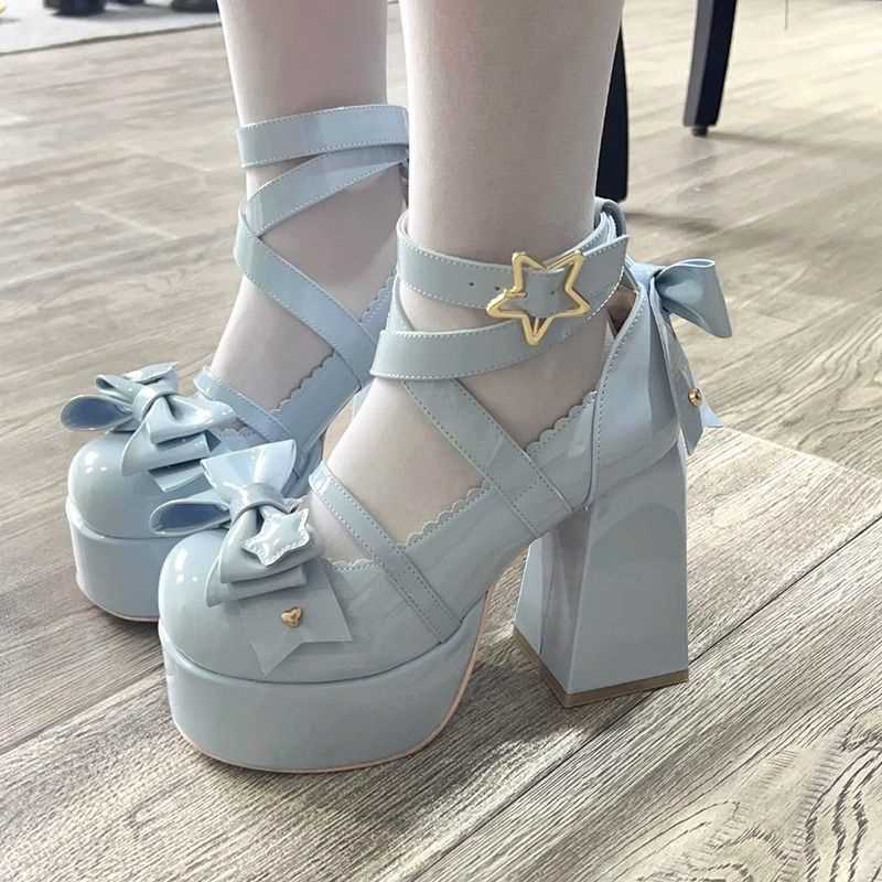 Thepearlpad Women's Lolita High Heels Chunky Heel Sandals Mary Jane PU Leather Shoes Retro Thick Sole Party Bowknot Summer