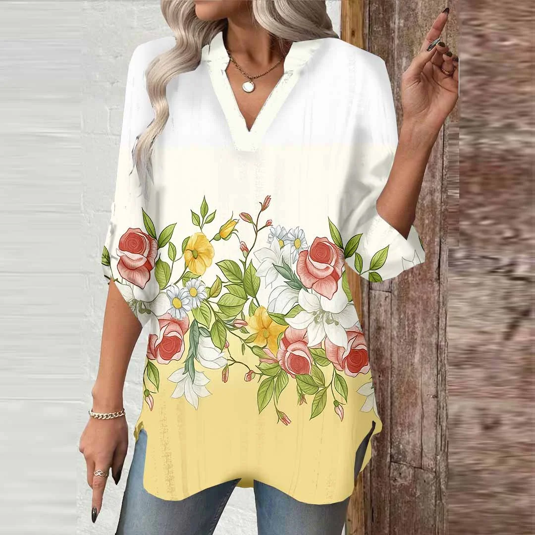 Women Floral, Yellow, Red DZGA0547 3/4 Sleeve V-neck Printed Graphic Button Tops