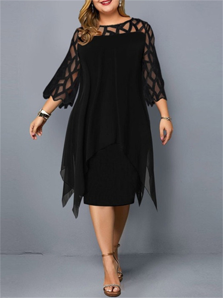 Women's Plus Size Party Dress Solid Color Crew Neck Lace 3/4 Length Sleeve Fall Spring Elegant Midi Dress Formal Party Dress