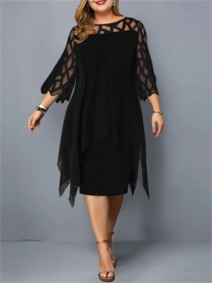 Women's Plus Size Party Dress Solid Color Crew Neck Lace 3/4 Length Sleeve Fall Spring Elegant Midi Dress Formal Party Dress-Cosfine