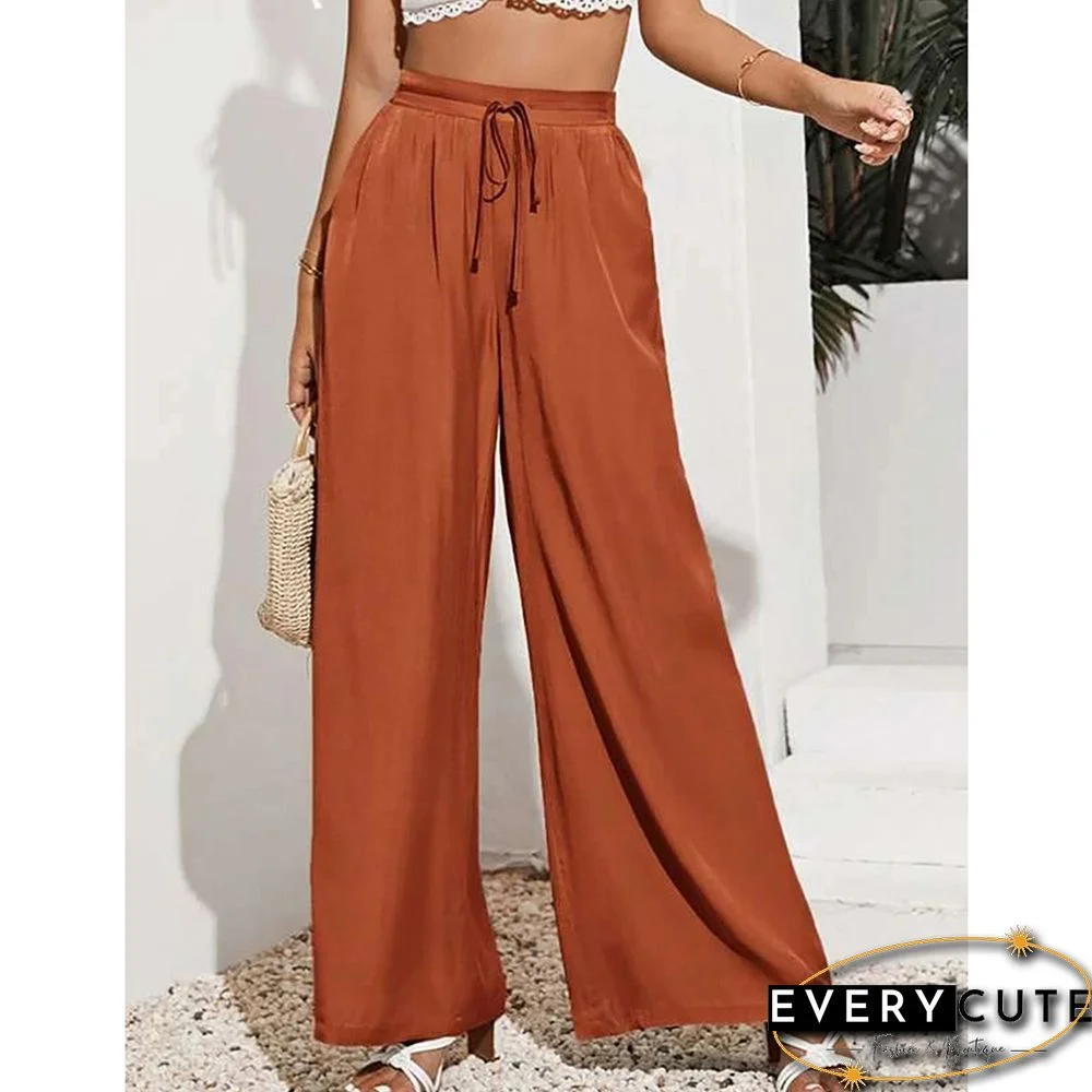 Orange Tie Waist Wide Leg Casual Pants