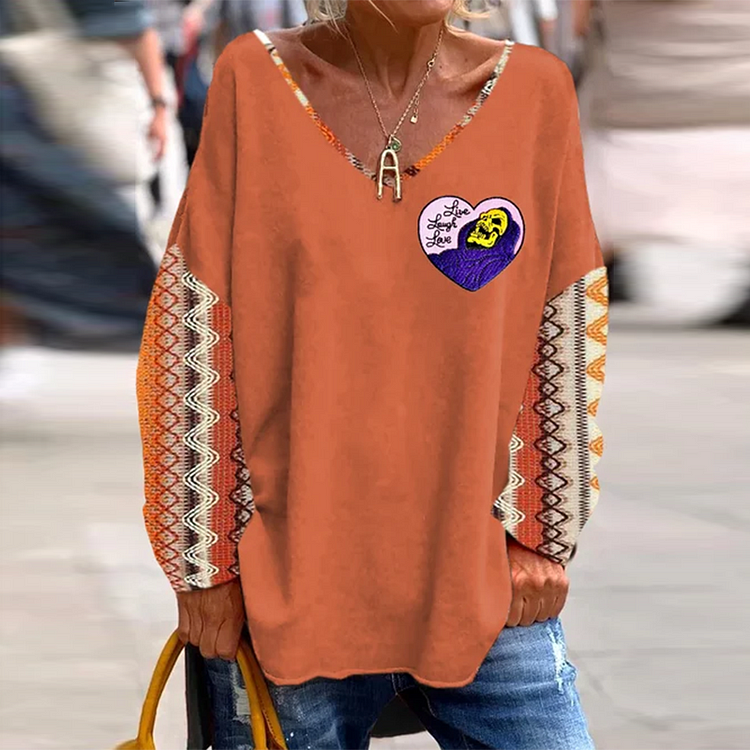 Women's  Pumpkin Skull Embroidered Long Sleeve T-Shirt