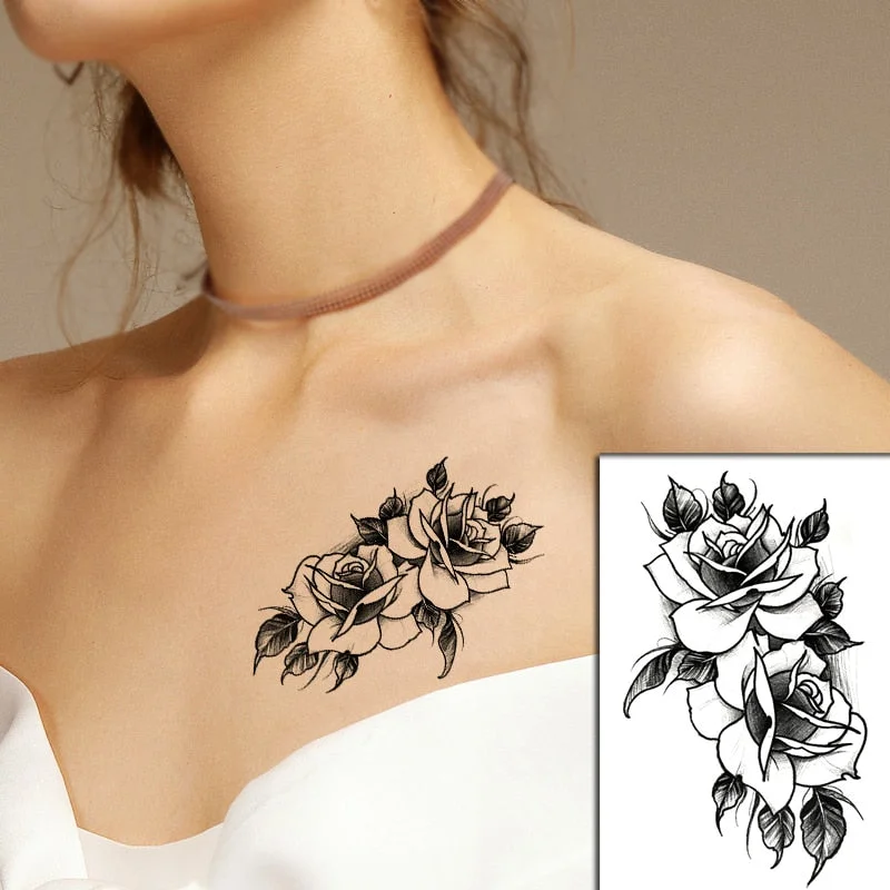 Sketch Rose Flowers Waterproof Temporary Tattoo Sticker Hand Lines Design Fake Tattoos Flash Tatoos Arm Chest Body Art for Women