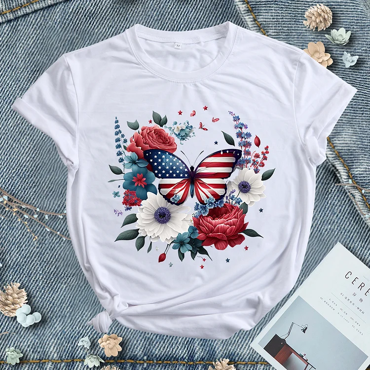 Independence Day Butterfly Flower Round Neck T-shirt - BSP0007