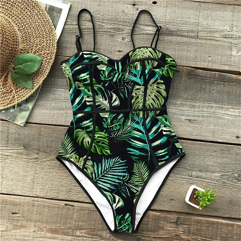 New 2021 Sexy One Piece Swimsuit Female Printed Floral Halter Bandage Brazilian Swimwear Women Bathing Suits Swimming