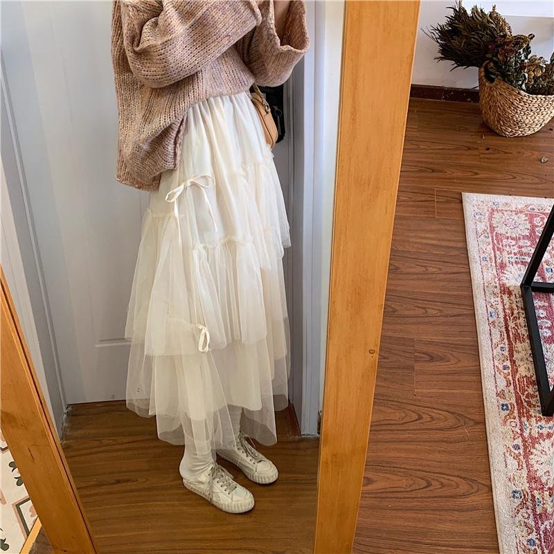Tulle Skirts Women High Waist Ladies Solid Elegant Lovely Simple Bowknot Mesh Korean Style Casual Womens Fashion New Arrival Hot