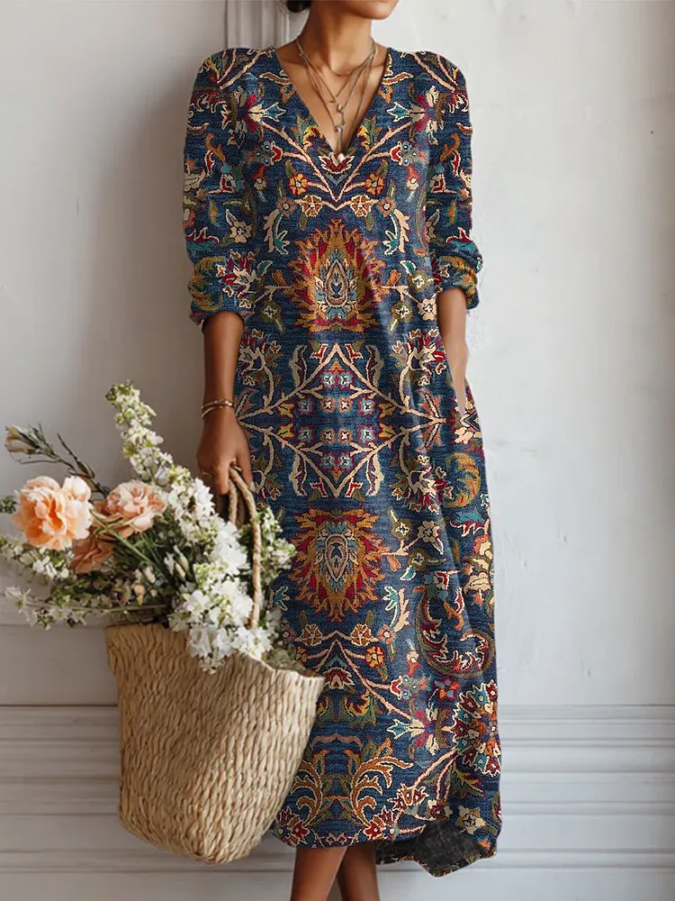 Women's Vintage Flower Art Print Linen Pocket Tunic Dress
