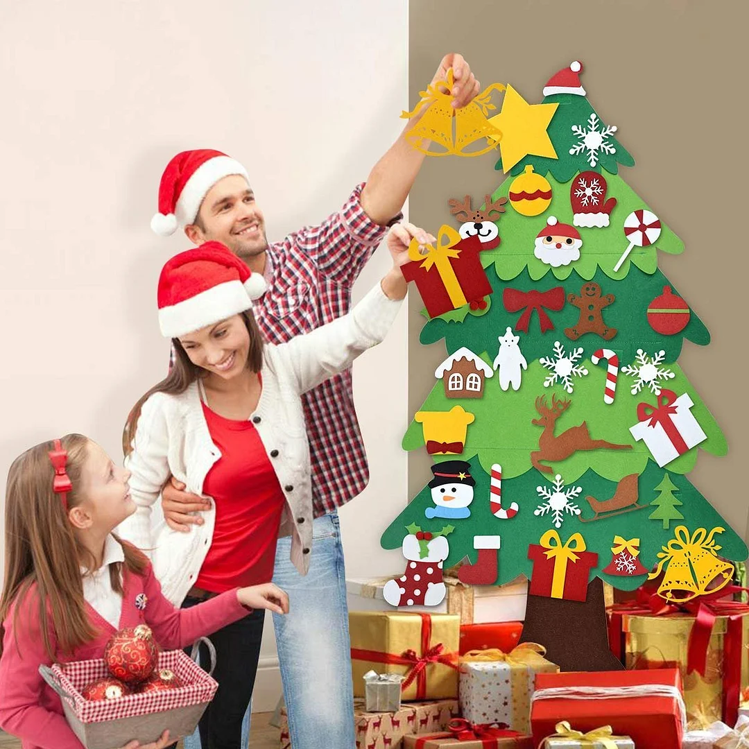 🧒🎄Felt Christmas Tree Set With 32PCS Ornaments Wall Hanging Tree & 35LED String Lights
