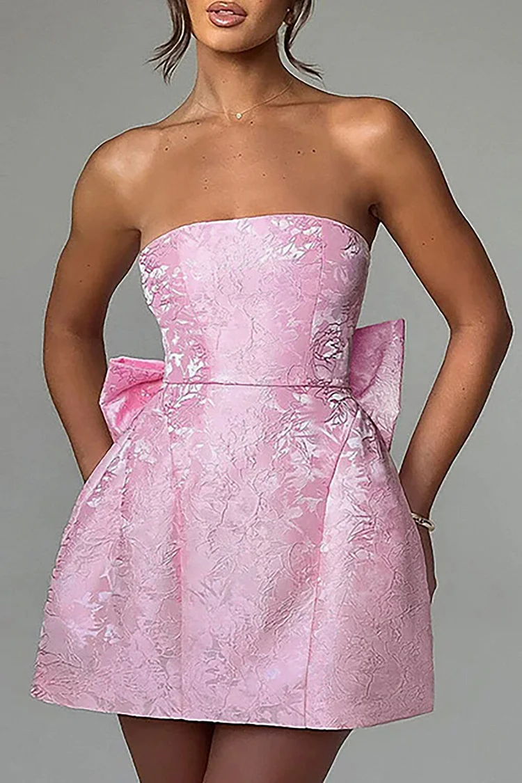 Floral Jacquard Strapless Cinch Waist Back Bow Decor Mini Dresses-Blue
