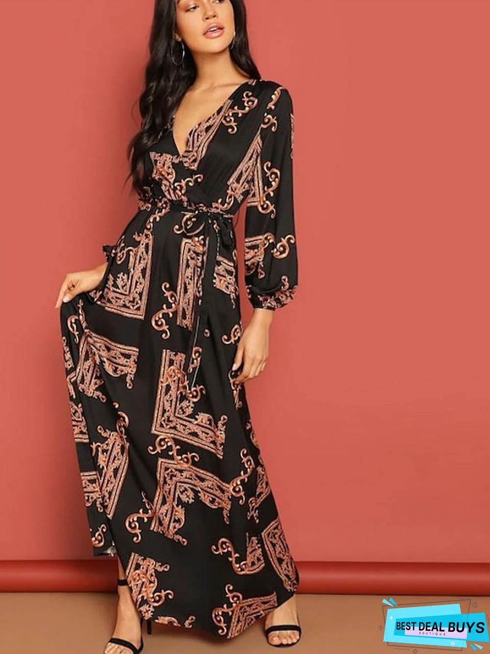 Women's A-Line Dress Maxi Long Dress Long Sleeve Geometric Spring & Summer Hot Elegant Black Navy Blue Black Dresses