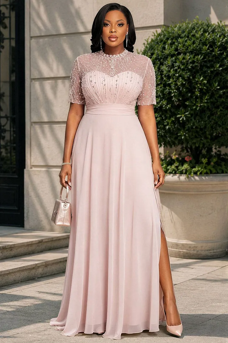 Xpluswear Design Plus Size Formal Pink Round Neck Short Sleeve Split Drilling Chiffon Maxi Dresses [Pre-Order] 2024 - Xpluswear