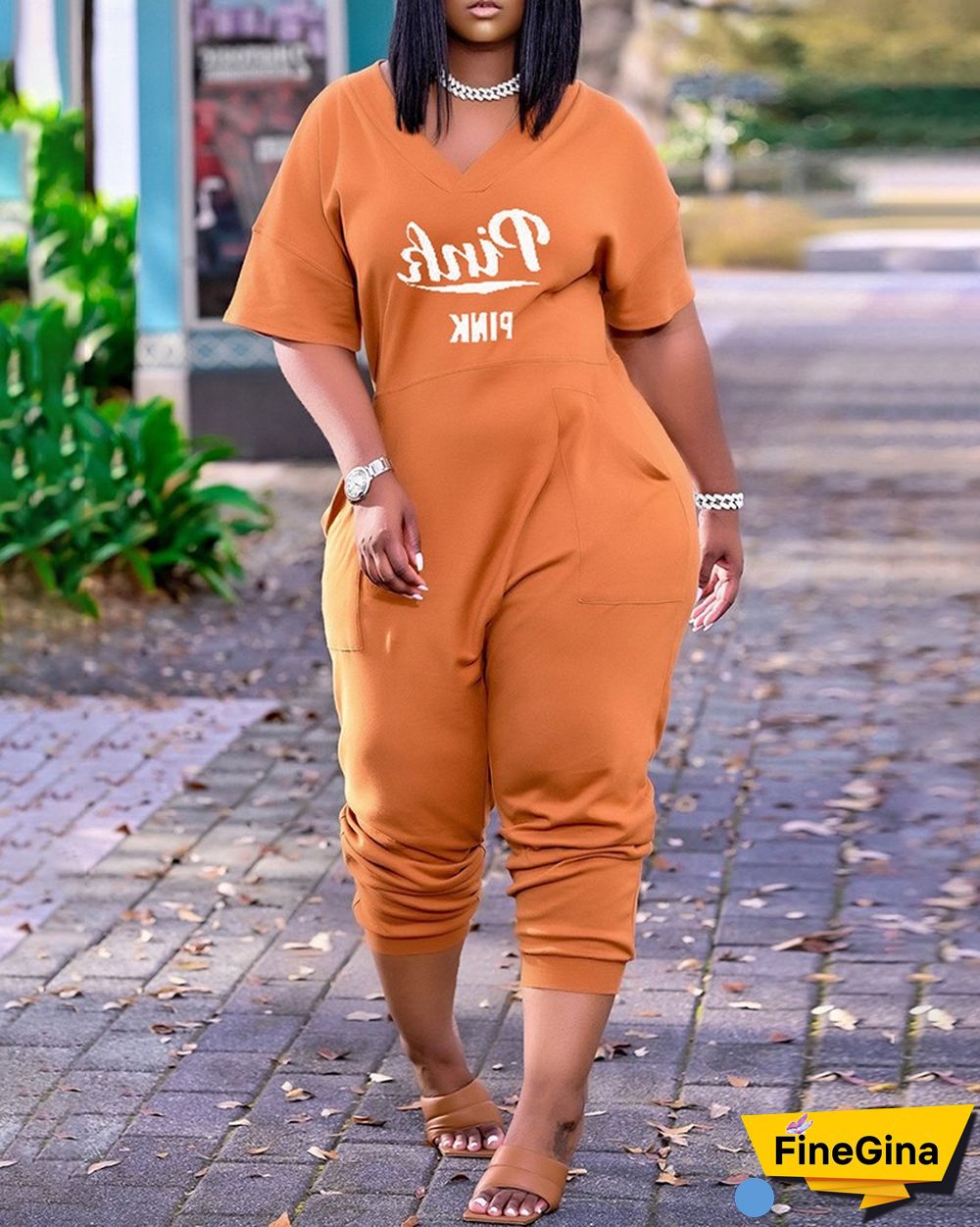 Letter Print V-Neck Short Sleeve Pocket Design Jumpsuit