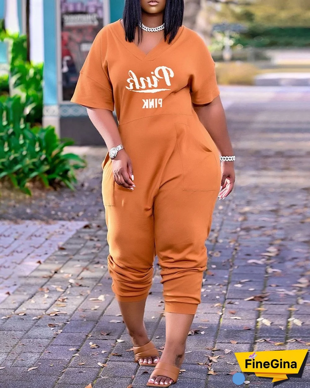 Letter Print V-Neck Short Sleeve Pocket Design Jumpsuit