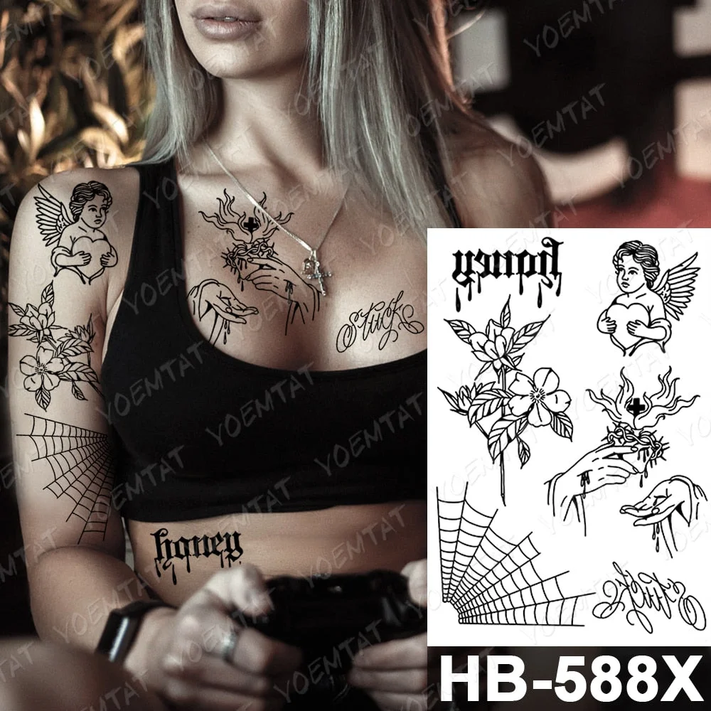 Waterproof Temporary Tattoo Sticker Spider Web Cupid Angel Jesus Old School Flash Tatto Women Gun Rose Body Art Fake Tattoos Men