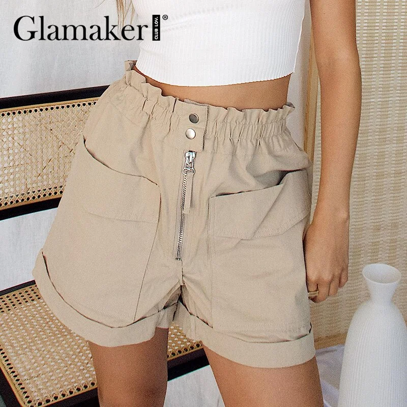 Glamaker Office ladies casual pocket shorts Fashion loose A-line elegant short pants Summer spring women shorts 2021 new