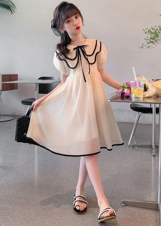 Elegant Apricot Peter Pan Collar Tie Waist Chiffon Girls Dress Summer