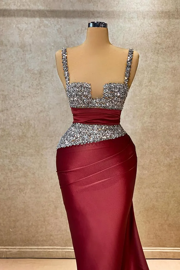 Daisda Red Sleeveless Spaghetti Straps Keyhole Square Beads Mermaid Prom Dress