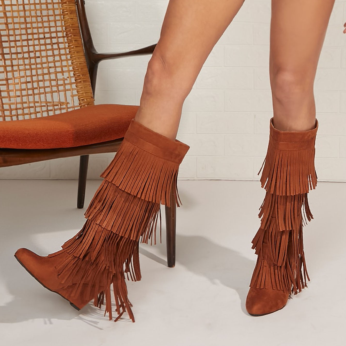 Brown Pointed Toe Faux Suede Multi-Layered Fringe Wedge Boots Nicepairs