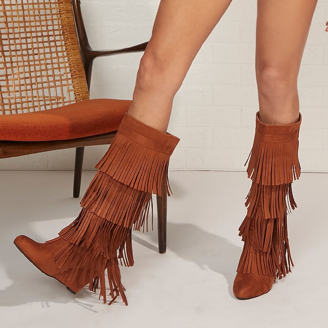 Brown Pointed Toe Suede Boots With Tassel Wedge Heel Boots Nicepairs