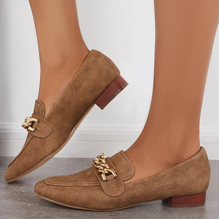 Square Toe Loafers Block Low Heel Slip on Dress Shoes