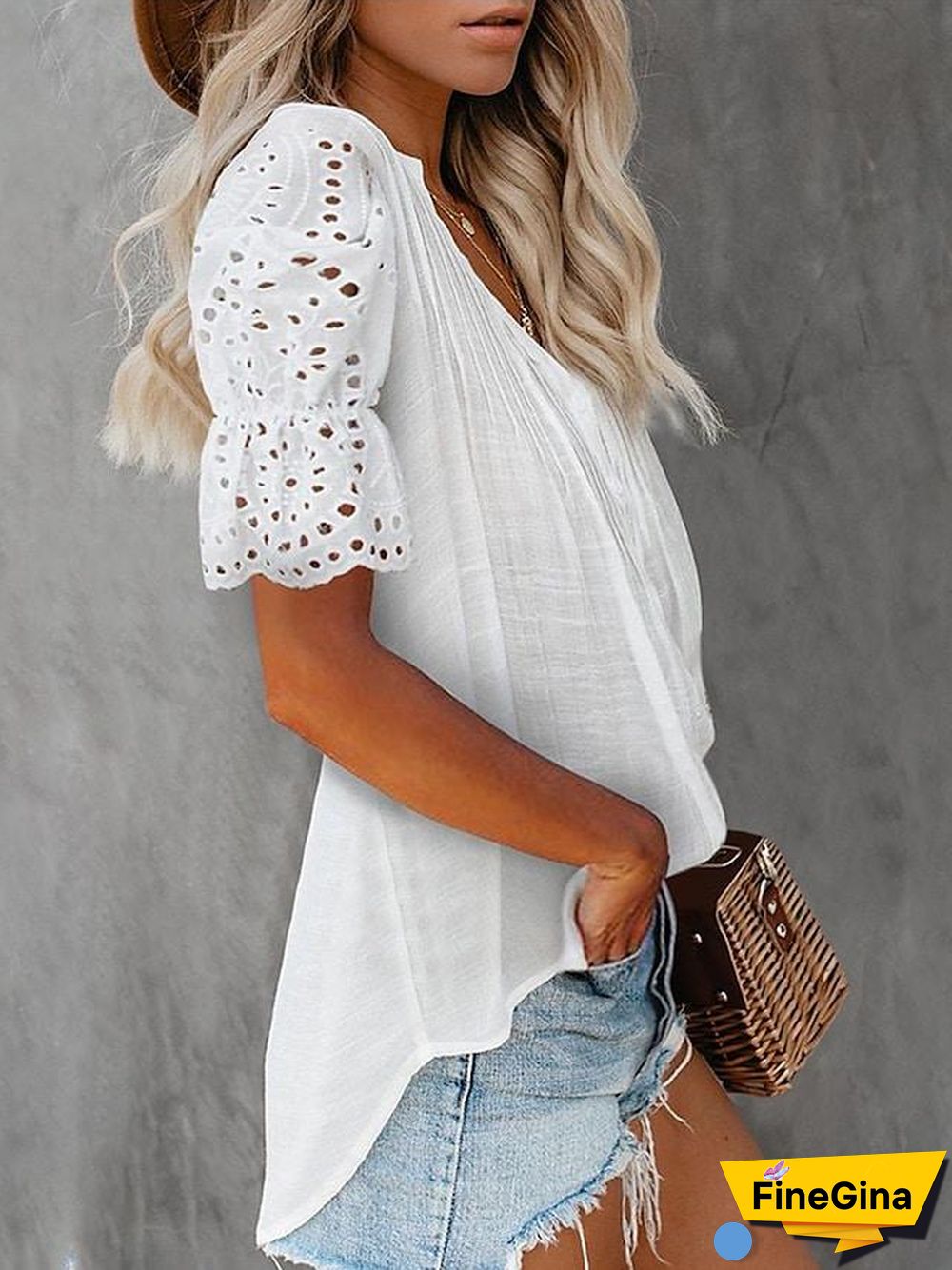 Women's Going Out Blouse Plain Lace Patchwork V Neck Tops Elegant Casual Basic Top White Black Blue