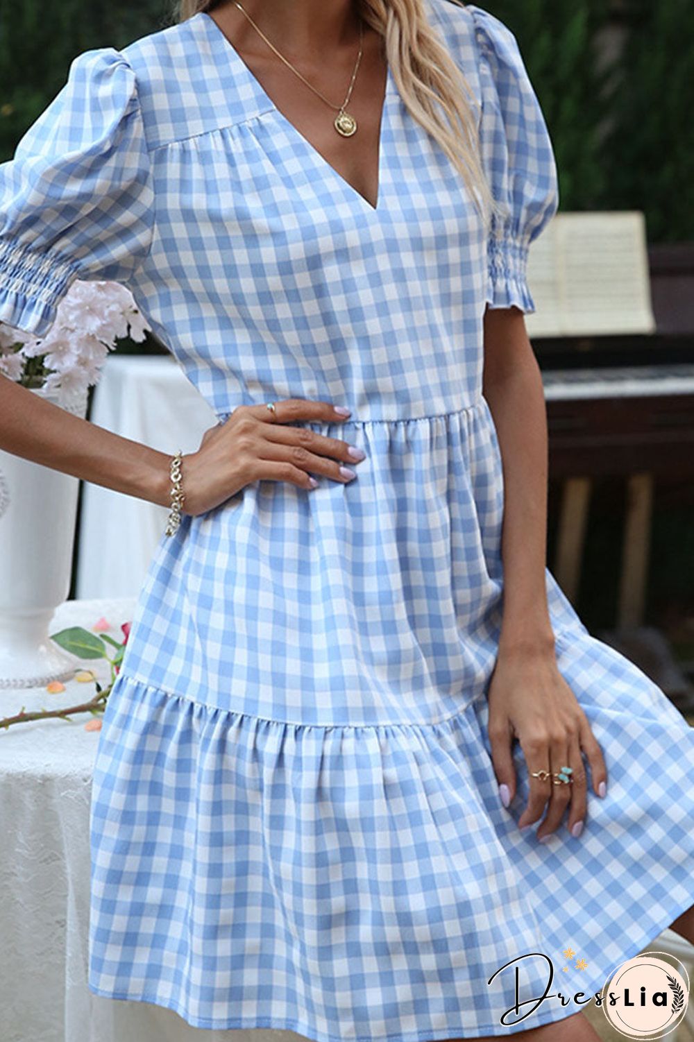 Fashion Sweet Plaid Split Joint V Neck A Line Dresses
