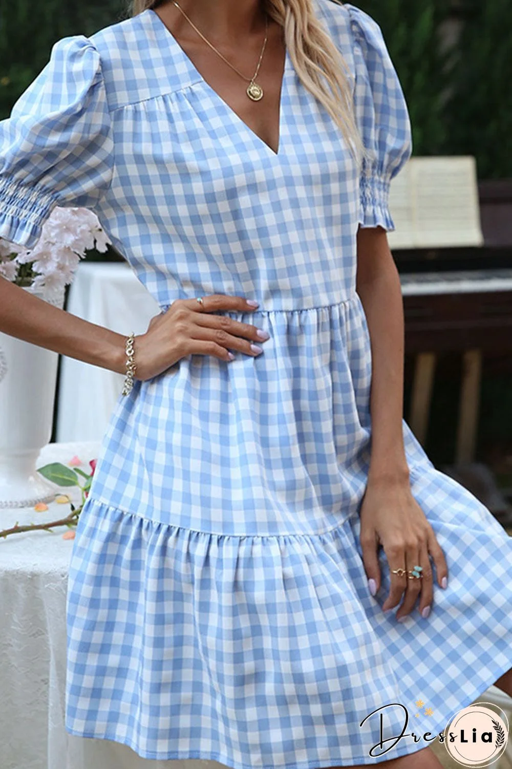 Fashion Sweet Plaid Split Joint V Neck A Line Dresses