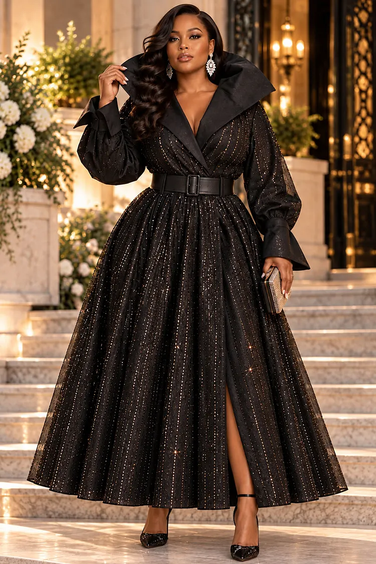 Xpluswear Design Plus Size Formal Black Turndown Collar Long Sleeve Wrap Split Disco Sequin Maxi Dresses [Pre-Order] 2024 - Xpluswear