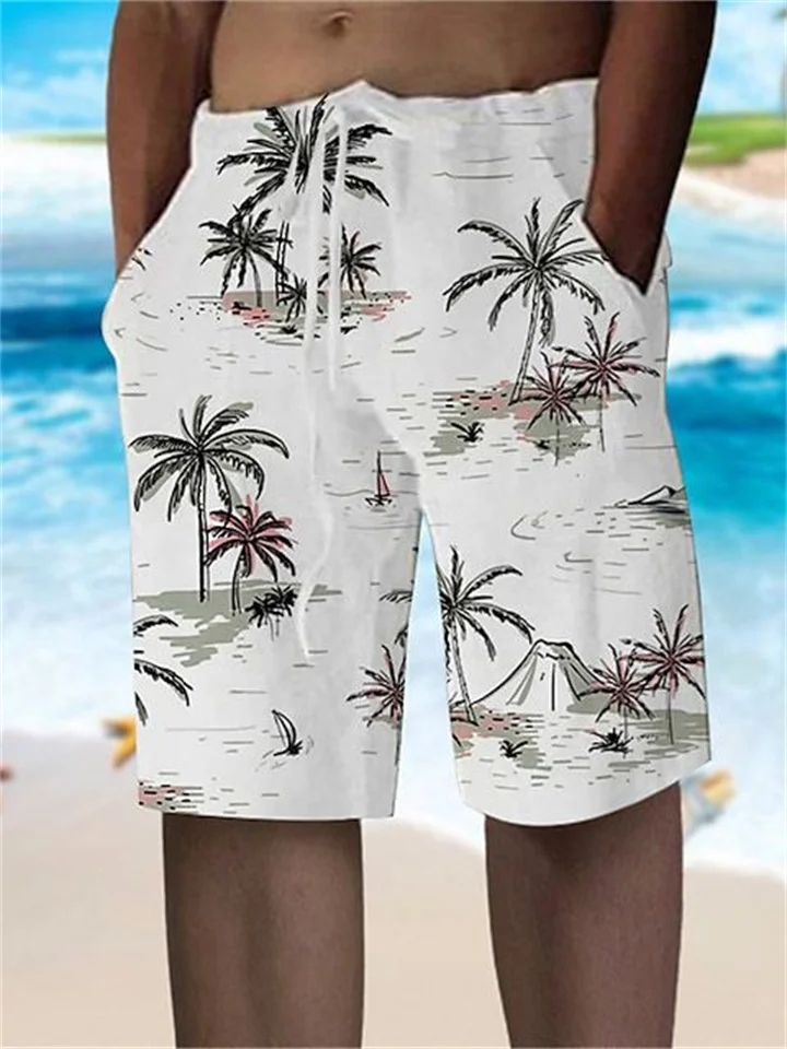 Coconut Tree Print Beach Shorts White Yellow Green Hawaiian Casual Shorts-Cosfine