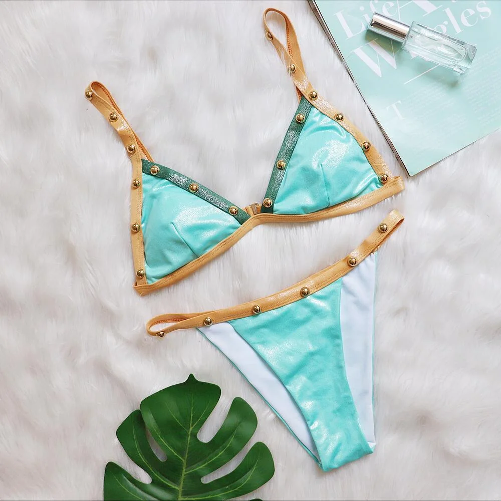Uveng Uveng New Quilter Nail Bead Bikini Sexy Adjustable Shoulder Strap Split Women's Swimsuit Factory Swimwear