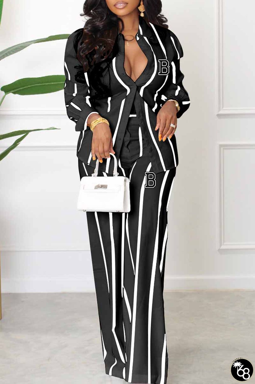 Black Casual Striped Print Letter Turndown Collar Long Sleeve Two Pieces | 168DEAL