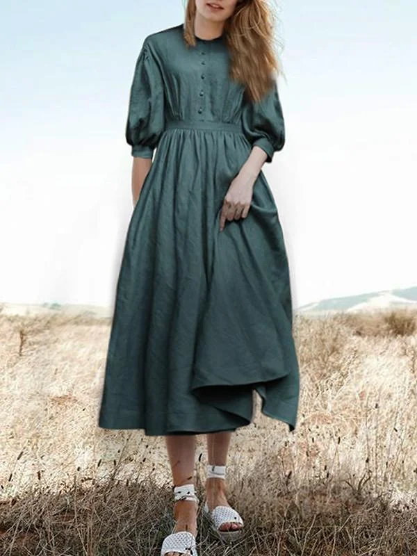 Ladies elegant retro long sleeve solid color dress-Mayoulove