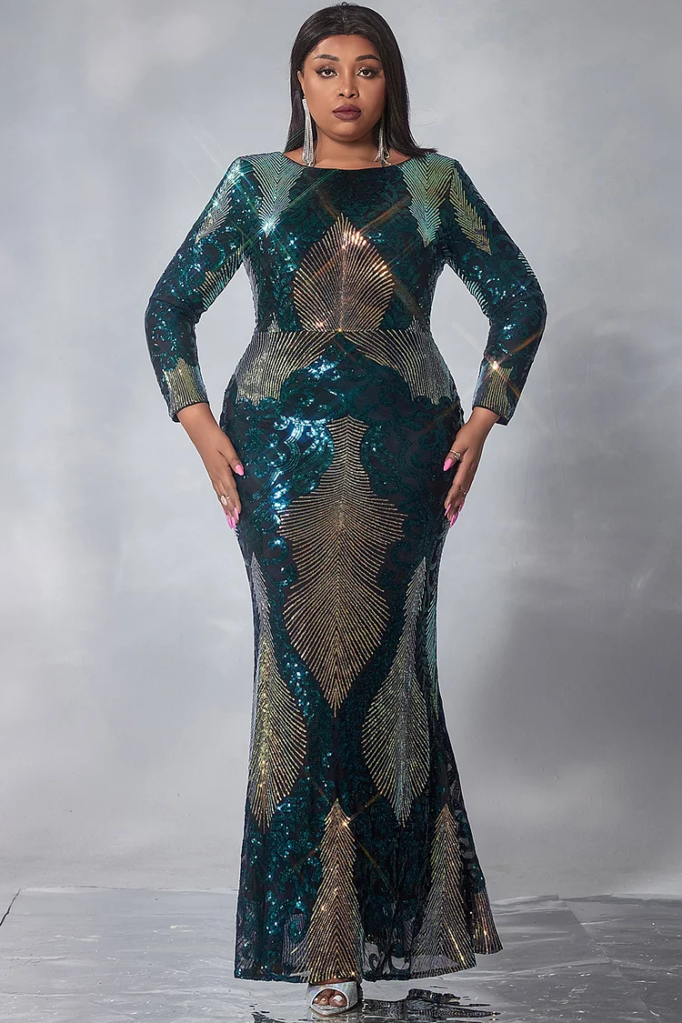 Xpluswear Design Plus Size Formal Maxi Dresses Elegant Green Fall Winter Crew Neck Long Sleeve Sequin Maxi Dresses [Pre-Order]
