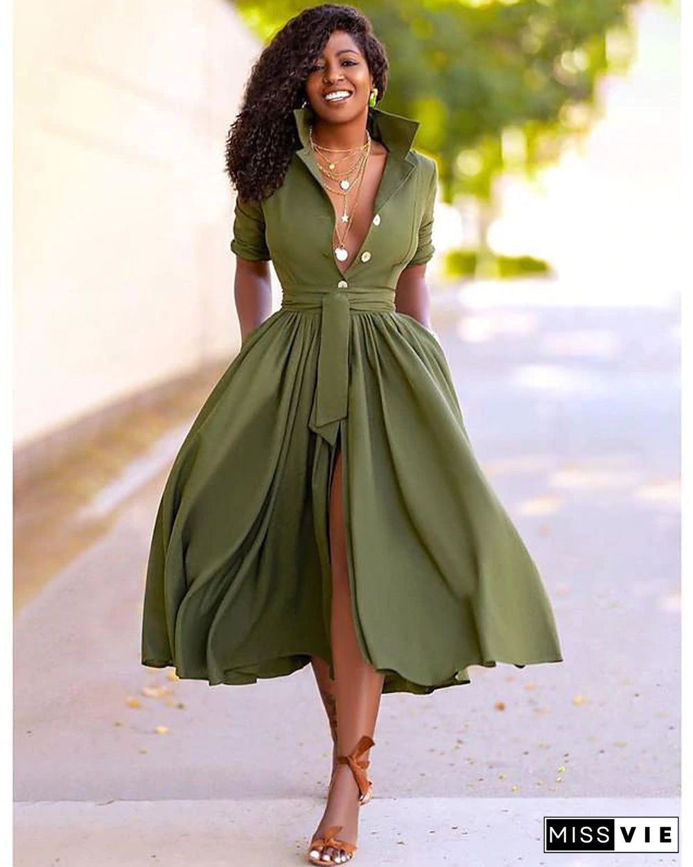 Women's A-Line Dress Midi Dress - Half Sleeve Split Summer Fall V Neck Dress
