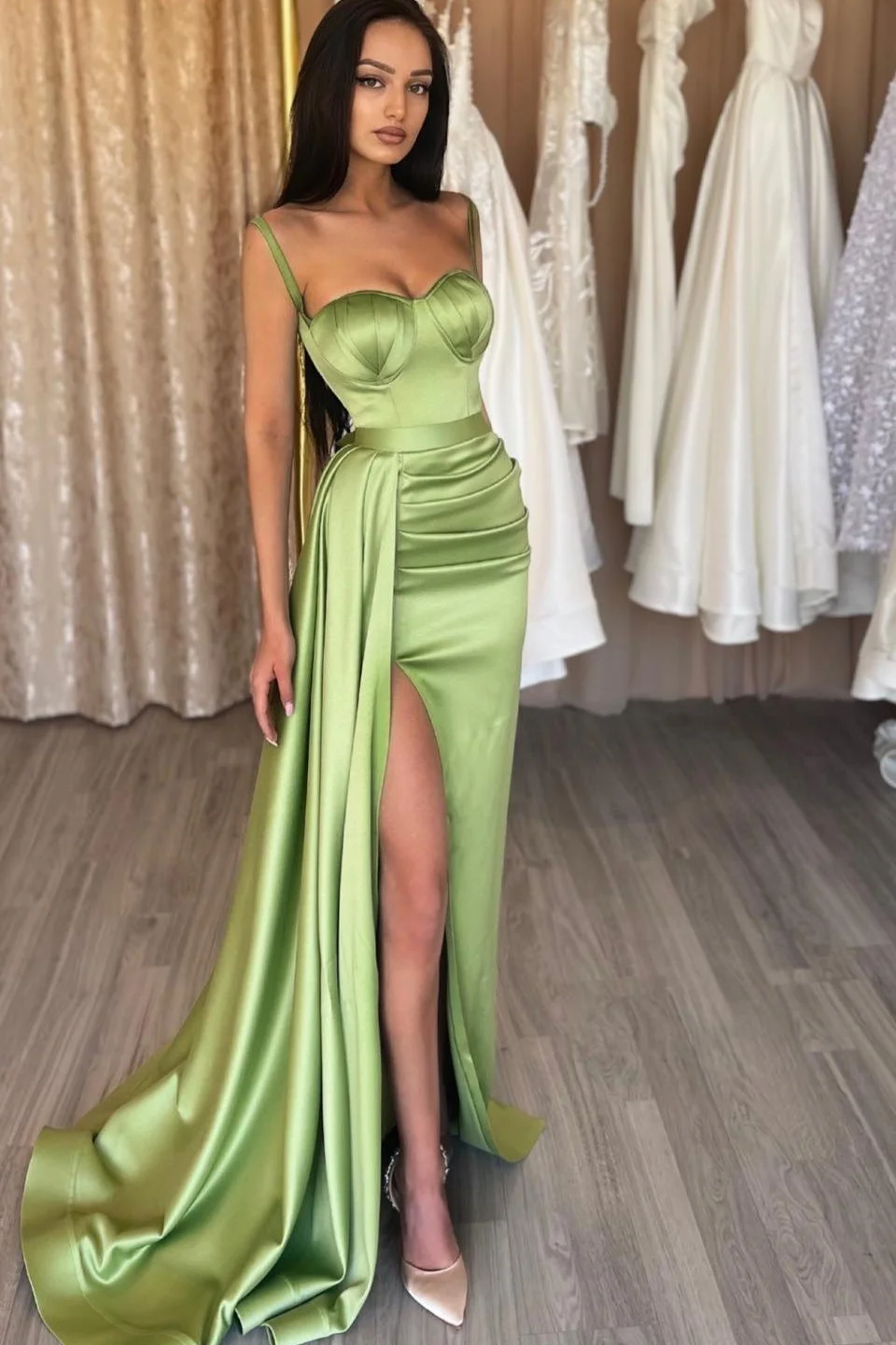 Luluslly Sage Green Spaghetti-Strals Mermaid Prom Dress Slit With Ruffles