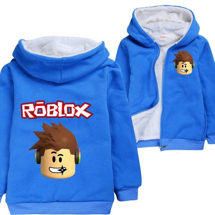 Mayoulove Roblox Toy Print Boys Blue Zip Up Fleece Up Winter Cotton Hoodie-Mayoulove