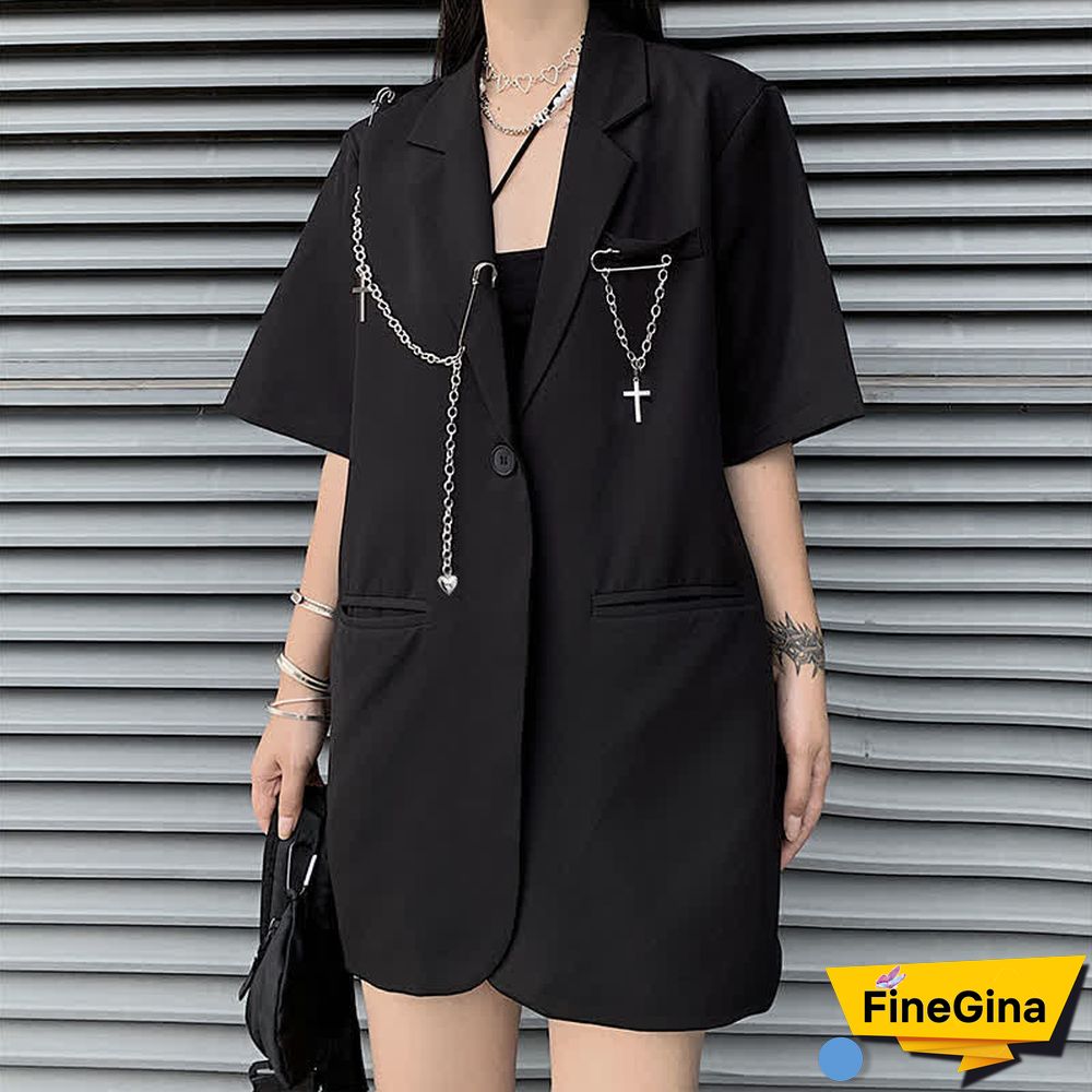 Gothic Pure Color Lapel Blazer Wide Leg Chain Cargo Shorts