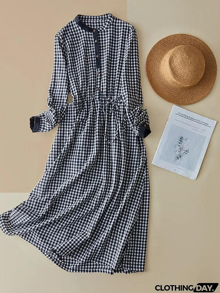 Cotton And Linen Plaid Simple Lace Up Waist A-Line Dress